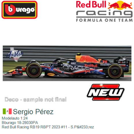 Modelauto 1:24 | Bburago 18-28030PA | Red Bull Racing RB19 RBPT 2023 #11 - S.P&#233;rez