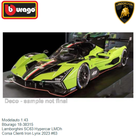 Modelauto 1:43 | Bburago 18-38315 | Lamborghini SC63 Hypercar LMDh | Corsa Clienti Iron Lynx 2023 #63