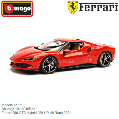 Modelauto 1:18 | Bburago 18-16018Red | Ferrari 296 GTB Hybrid 380 HP V6 Rood 2021