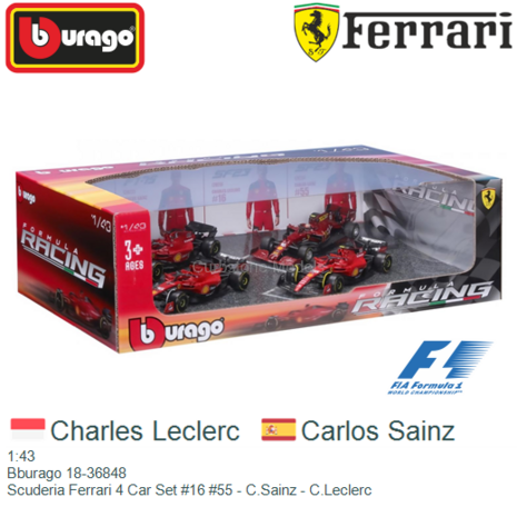 1:43 | Bburago 18-36848 | Scuderia Ferrari 4 Car Set #16 #55 - C.Sainz - C.Leclerc