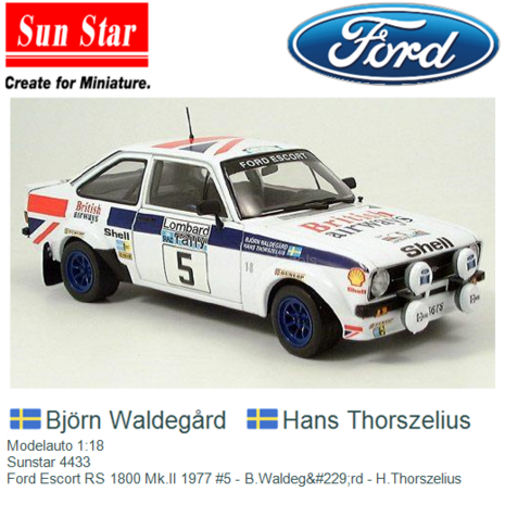 Modelauto 1:18 | Sunstar 4433 | Ford Escort RS 1800 Mk.II 1977 #5 - B.Waldeg&#229;rd - H.Thorszelius