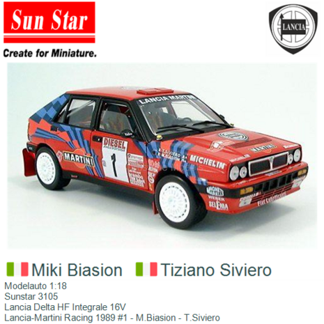 Modelauto 1:18 | Sunstar 3105 | Lancia Delta HF Integrale 16V | Lancia-Martini Racing 1989 #1 - M.Biasion - T.Siviero