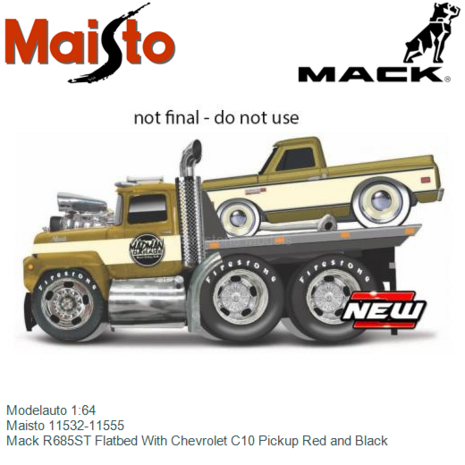 Modelauto 1:64 | Maisto 11532-11555 | Mack R685ST Flatbed With Chevrolet C10 Pickup Red and Black