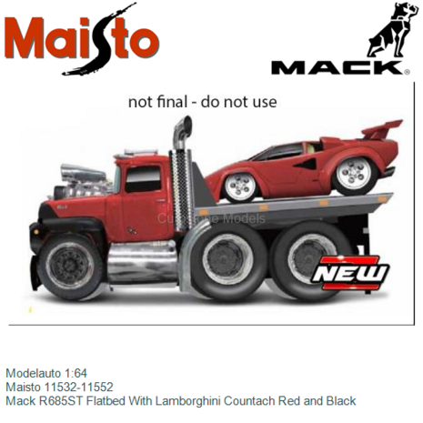 Modelauto 1:64 | Maisto 11532-11552 | Mack R685ST Flatbed With Lamborghini Countach Red and Black