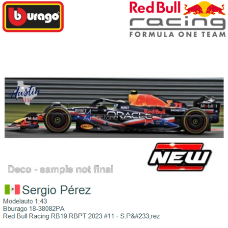 Modelauto 1:43 | Bburago 18-38082PA | Red Bull Racing RB19 RBPT 2023 #11 - S.P&#233;rez