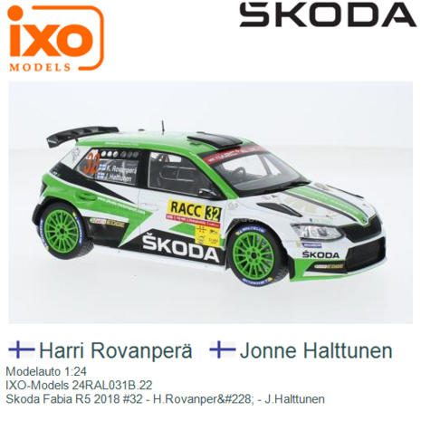 Modelauto 1:24 | IXO-Models 24RAL031B.22 | Skoda Fabia R5 2018 #32 - H.Rovanper&#228; - J.Halttunen