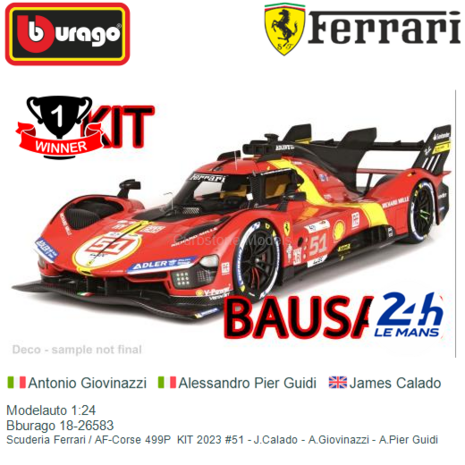 Modelauto 1:24 | Bburago 18-26583 | Scuderia Ferrari / AF-Corse 499P  KIT 2023 #51 - J.Calado - A.Giovinazzi - A.Pier Guidi