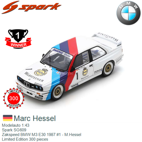 Modelauto 1:43 | Spark SG609 | Zakspeed BMW M3 E30 1987 #1 - M.Hessel