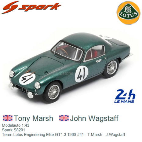 Modelauto 1:43 | Spark S8201 | Team Lotus Engineering Elite GT1.3 1960 #41 - T.Marsh - J.Wagstaff
