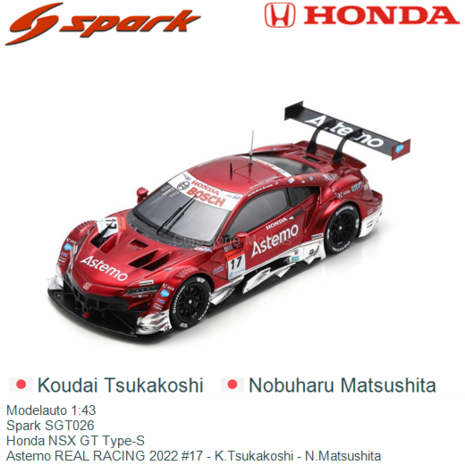 Modelauto 1:43 | Spark SGT026 | Honda NSX GT Type-S | Astemo REAL RACING 2022 #17 - K.Tsukakoshi - N.Matsushita