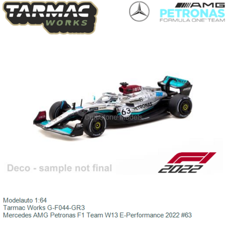 Modelauto 1:64 | Tarmac Works G-F044-GR3 | Mercedes AMG Petronas F1 Team W13 E-Performance 2022 #63