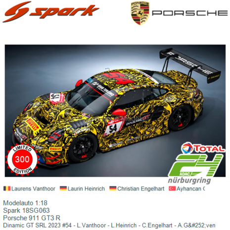 Modelauto 1:18 | Spark 18SG063 | Porsche 911 GT3 R | Dinamic GT SRL 2023 #54 - L.Vanthoor - L.Heinrich - C.Engelhart - A.G&