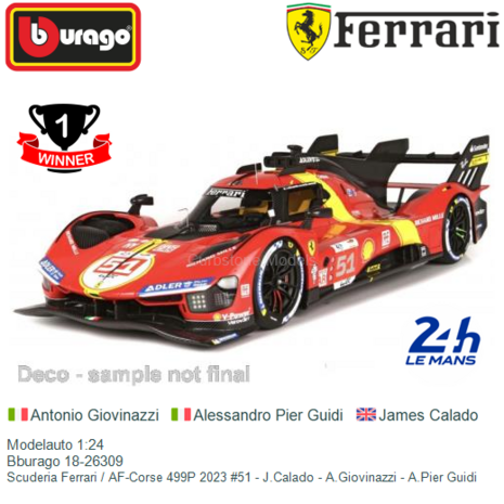 Modelauto 1:24 | Bburago 18-26309 | Scuderia Ferrari / AF-Corse 499P 2023 #51 - J.Calado - A.Giovinazzi - A.Pier Guidi
