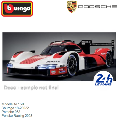 Modelauto 1:24 | Bburago 18-28022 | Porsche 963 | Penske Racing 2023