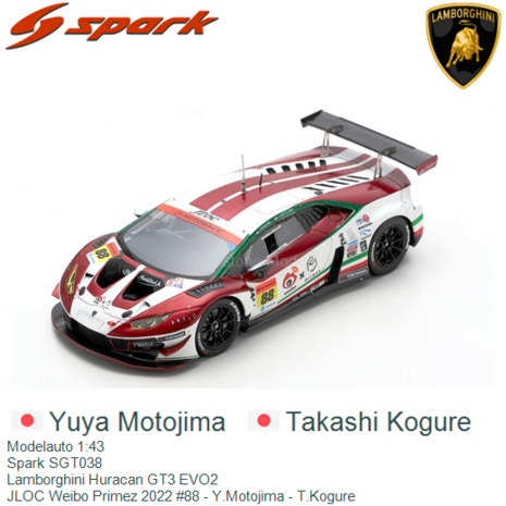 Modelauto 1:43 | Spark SGT038 | Lamborghini Huracan GT3 EVO2 | JLOC Weibo Primez 2022 #88 - Y.Motojima - T.Kogure