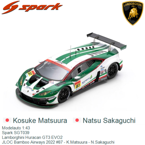 Modelauto 1:43 | Spark SGT039 | Lamborghini Huracan GT3 EVO2 | JLOC Bamboo Airways 2022 #87 - K.Matsuura - N.Sakaguchi