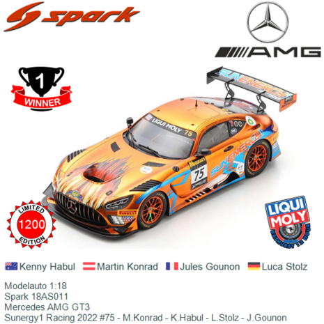 Modelauto 1:18 | Spark 18AS011 | Mercedes AMG GT3 | Sunergy1 Racing 2022 #75 - M.Konrad - K.Habul - L.Stolz - J.Gounon