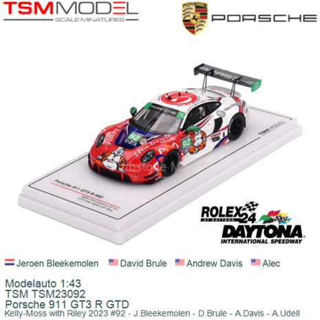 Modelauto 1:43 | TSM TSM23092 | Porsche 911 GT3 R GTD | Kelly-Moss with Riley 2023 #92 - J.Bleekemolen - D.Brule - A.Davis - A.