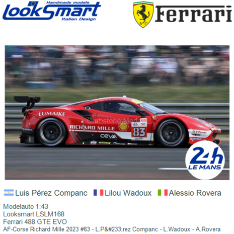 Modelauto 1:43 | Looksmart LSLM168 | Ferrari 488 GTE EVO | AF-Corse Richard Mille 2023 #83 - L.P&#233;rez Companc - L.Wadou
