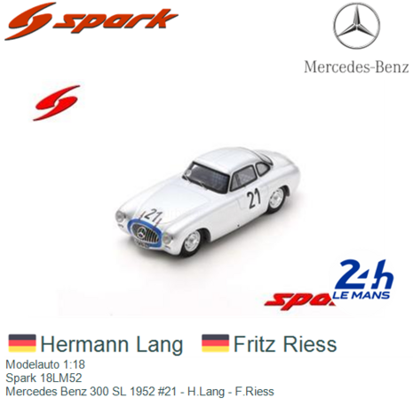 Modelauto 1:18 | Spark 18LM52 | Mercedes Benz 300 SL 1952 #21 - H.Lang - F.Riess