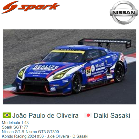Modelauto 1:43 | Spark SGT177 | Nissan GT-R Nismo GT3 GT300 | Kondo Racing 2024 #56 - J.de Oliveira - D.Sasaki