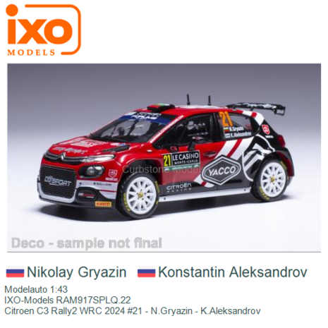 Modelauto 1:43 | IXO-Models RAM917SPLQ.22 | Citroen C3 Rally2 WRC 2024 #21 - N.Gryazin - K.Aleksandrov