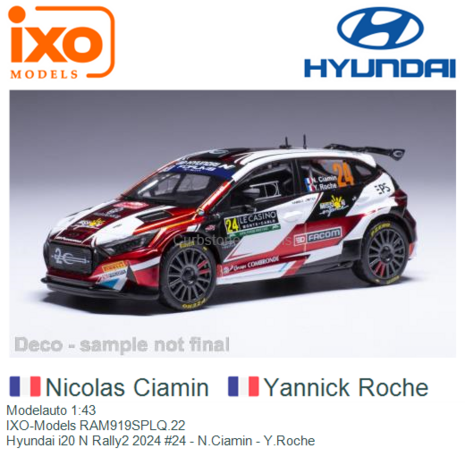 Modelauto 1:43 | IXO-Models RAM919SPLQ.22 | Hyundai i20 N Rally2 2024 #24 - N.Ciamin - Y.Roche 
