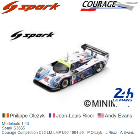 Modelauto 1:43 | Spark S3665 | Courage Compétition C32 LM LMP1/90 1994 #9 - P.Olczyk - J.Ricci - A.Evans