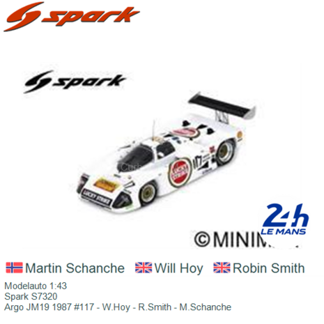 Modelauto 1:43 | Spark S7320 | Argo JM19 1987 #117 - W.Hoy - R.Smith - M.Schanche 