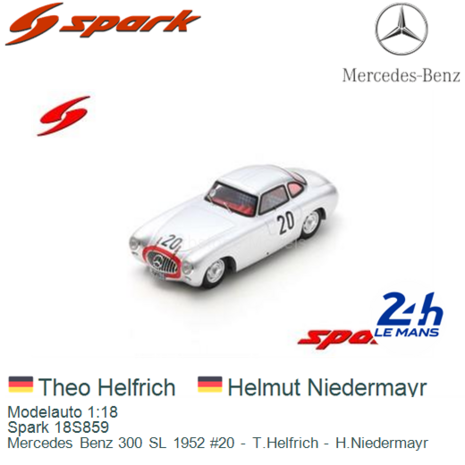 Modelauto 1:18 | Spark 18S859 | Mercedes Benz 300 SL 1952 #20 - T.Helfrich - H.Niedermayr