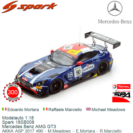 Modelauto 1:18 | Spark 18SB008 | Mercedes Benz AMG GT3 | AKKA ASP 2017 #90 - M.Meadows - E.Mortara - R.Marciello