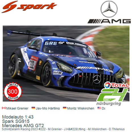 Modelauto 1:43 | Spark SG915 | Mercedes AMG GT2 | Schnitzelalm Racing 2023 #222 - M.Grenier - J.H&#228;rtling  - M.Wiskirch