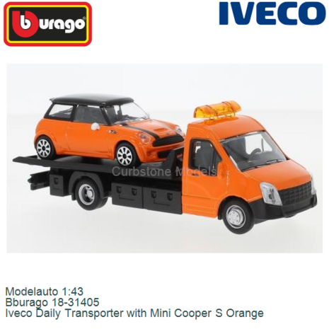 Modelauto 1:43 | Bburago 18-31405 | Iveco Daily Transporter with Mini Cooper S Orange