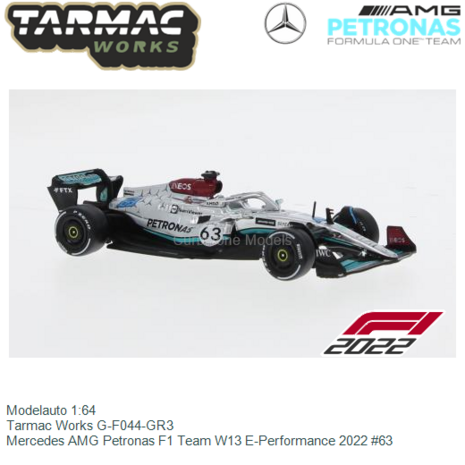 Modelauto 1:64 | Tarmac Works G-F044-GR3 | Mercedes AMG Petronas F1 Team W13 E-Performance 2022 #63
