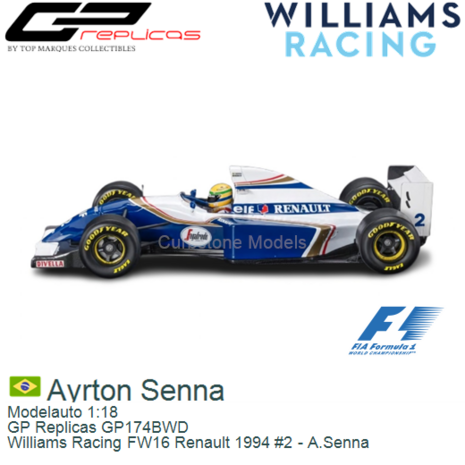 Modelauto 1:18 | GP Replicas GP174BWD | Williams Racing FW16 Renault 1994 #2 - A.Senna