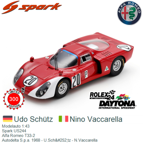 Modelauto 1:43 | Spark US244 | Alfa Romeo T33-2 | Autodelta S.p.a. 1968 - U.Sch&#252;tz - N.Vaccarella
