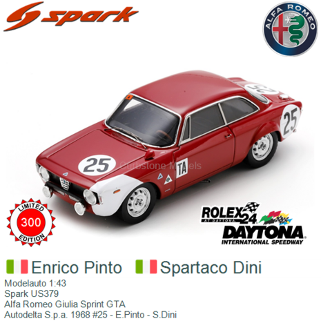 Modelauto 1:43 | Spark US379 | Alfa Romeo Giulia Sprint GTA | Autodelta S.p.a. 1968 #25 - E.Pinto - S.Dini