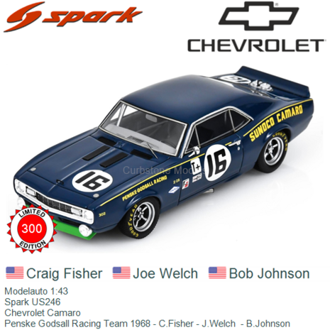 Modelauto 1:43 | Spark US246 | Chevrolet Camaro | Penske Godsall Racing Team 1968 - C.Fisher - J.Welch  - B.Johnson