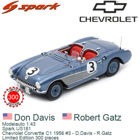 Modelauto 1:43 | Spark US181 | Chevrolet Corvertte C1 1956 #3 - D.Davis - R.Gatz 