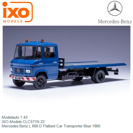 Modelauto 1:43 | IXO-Models CLC571N.22 | Mercedes Benz L 608 D Flatbed Car Transporter Blue 1980