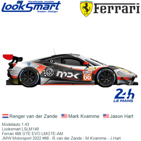 Modelauto 1:43 | Looksmart LSLM149 | Ferrari 488 GTE EVO LMGTE-AM | JMW Motorsport 2022 #66 - R.van der Zande - M.Kvamme - J.Ha