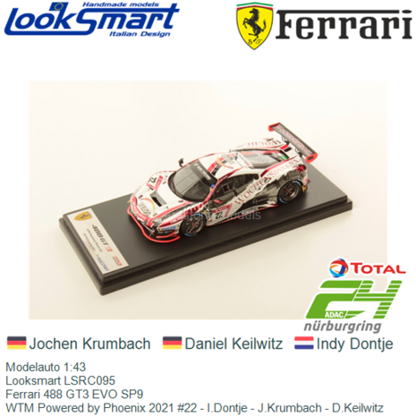 Modelauto 1:43 | Looksmart LSRC095 | Ferrari 488 GT3 EVO SP9 | WTM Powered by Phoenix 2021 #22 - I.Dontje - J.Krumbach - D.Keil