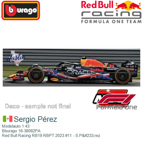 Modelauto 1:43 | Bburago 18-38082PA | Red Bull Racing RB19 RBPT 2023 #11 - S.P&#233;rez