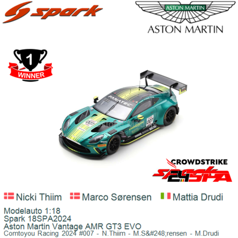 Modelauto 1:18 | Spark 18SPA2024 | Aston Martin Vantage AMR GT3 EVO | Comtoyou Racing 2024 #007 - N.Thiim - M.S&#248;rensen