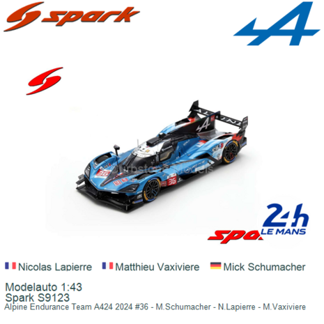 Modelauto 1:43 | Spark S9123 | Alpine Endurance Team A424 2024 #36 - M.Schumacher - N.Lapierre - M.Vaxiviere