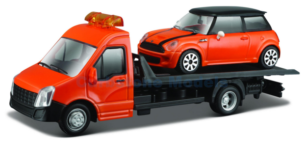 Vrachtwagen 1:43 | Bburago 18-34100-6 | Flatbed Transport met Mini Cooper S Orange