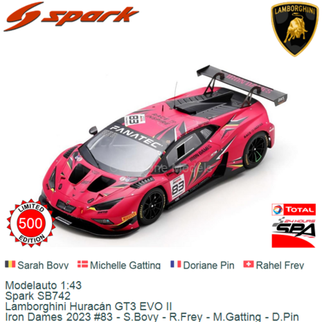 Modelauto 1:43 | Spark SB742 | Lamborghini Huracán GT3 EVO II | Iron Dames 2023 #83 - S.Bovy - R.Frey - M.Gatting - D.Pin