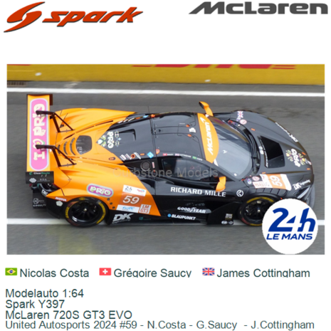Modelauto 1:64 | Spark Y397 | McLaren 720S GT3 EVO | United Autosports 2024 #59 - N.Costa - G.Saucy  - J.Cottingham