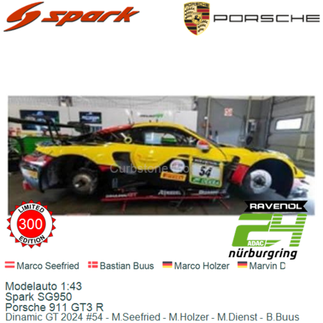 Modelauto 1:43 | Spark SG950 | Porsche 911 GT3 R | Dinamic GT 2024 #54 - M.Seefried - M.Holzer - M.Dienst - B.Buus