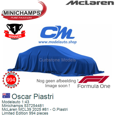 Modelauto 1:43 | Minichamps 537254481 | McLaren MCL39 2025 #81 - O.Piastri